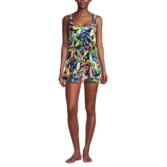 Land's End Plus Standard Size Scoop neck 1 piece navy prism multi palm soft Var - Picture 2 of 4